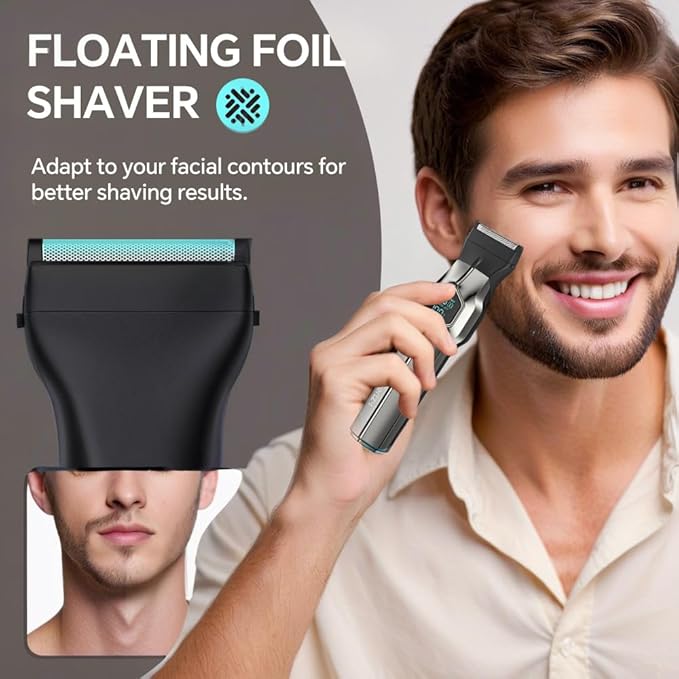 GERTZY 5-in-1 Electric Beard Trimmer Magnetic Replacement Heads, Professional Cordless Hair Clippers for Men Rechargeable, IPX7 Waterproof Grooming Kit for Mustache, Body, Nose, Gifts for Men (Silver)