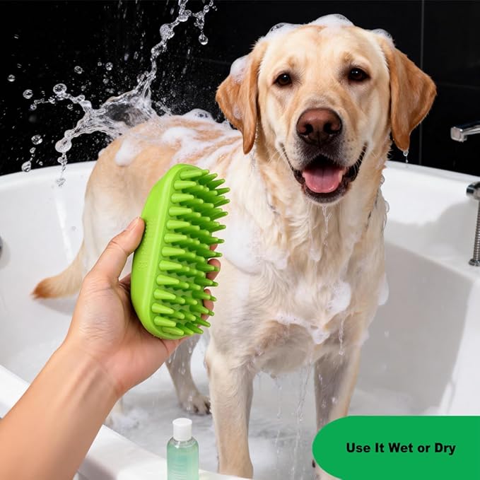 Rubber Curry Brush for Dog & Cat, Soft Curry Comb with Long Pins, Pet Silicone Brush for Short & Long Hair, Use Wet as Bath Scrubber or Dry for Grooming