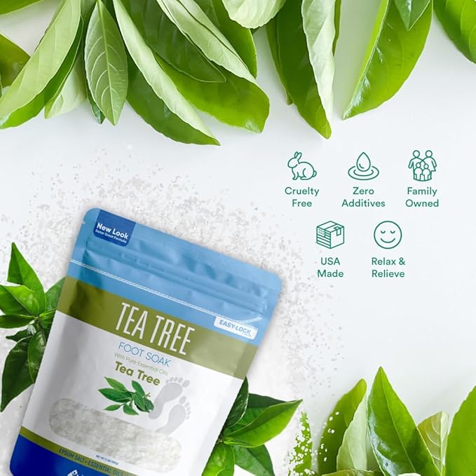 Tea Tree Foot Soak 32 Ounces (2 Lbs) USP Grade Epsom Salt with Natural Tea Tree Essential Oil Plus Vitamin C in BPA Free Pouch with Easy Press Lock Seal Made in USA DIY Home Spa Foot Care