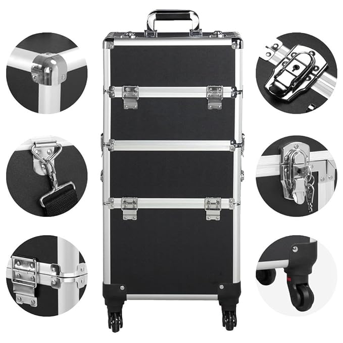 Yaheetech Rolling Makeup Train Case 3 in 1 Cosmetic Makeup Case Large Aluminum Trolley Makeup Travel Case Professional Rolling Cosmetic Beauty Storage, with 360° Swivel Wheels, Black