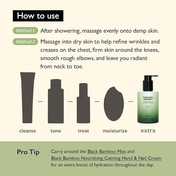HARUHARU wonder Black Bamboo Daily Smoothing Body Oil, Fast Absorption, Lightweight, Non-Greasy, Deeply Hydrating, Locks in Moisture, Softens & Nourishes Skin, With Almond & Argan Oil, 6.76 fl oz
