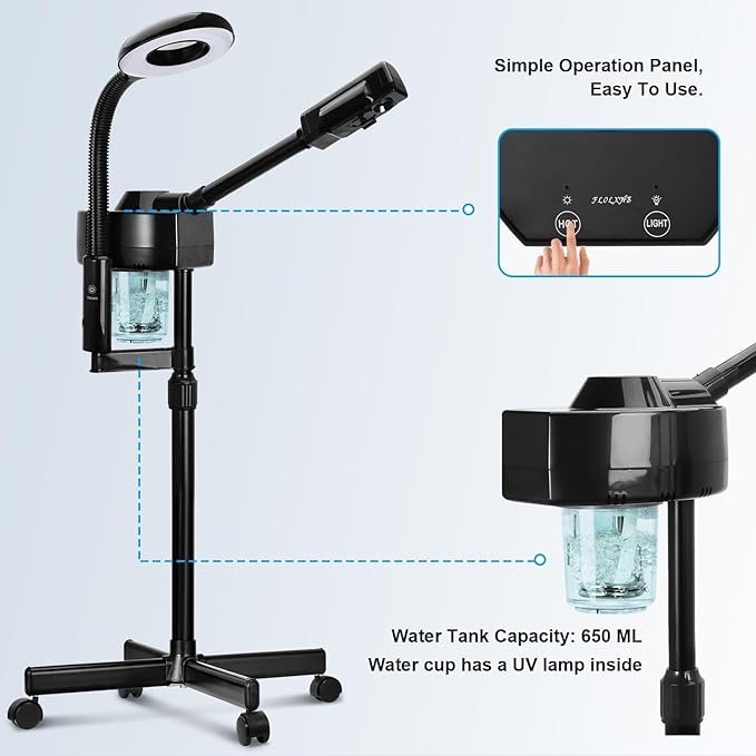 2 in 1 Facial Steamer Professional Ionic Face Steamer with 5X Magnifying Lamp&Adjustable Hot Mist Nozzle, Esthetician Facial Steamer Salon Spa Beauty Skin Care Equipment