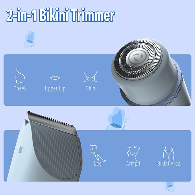 Bikini Trimmer for Women, 2 in 1 Electric Shaver for Women, Rechargeable Electric Razor Body Hair Trimmer Wet & Dry Use, Blue