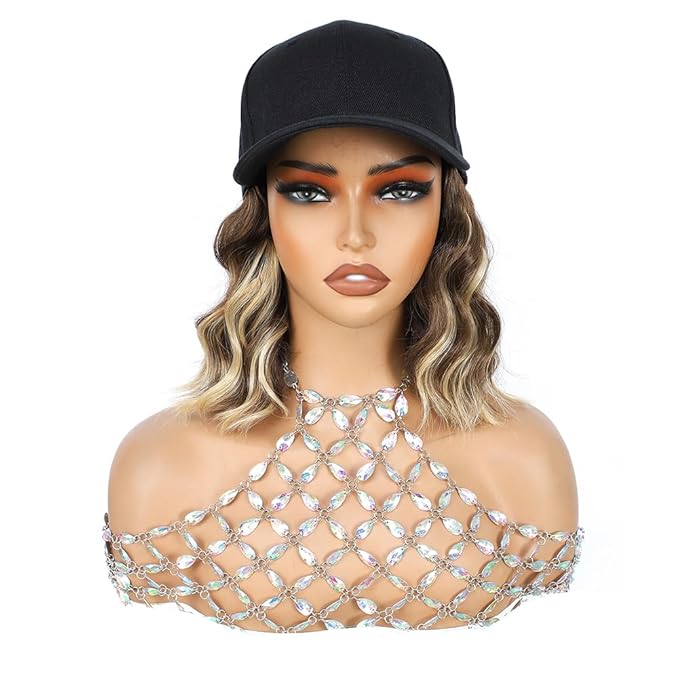 GUOJIAN Hat Wigs for Women 6' Short Wave Baseball Cap Wigs with Curly Hair Extensions Synthetic Wave Wig Adjustable Hat with Hair Attached for Daily Use (8B/613, 6inch)