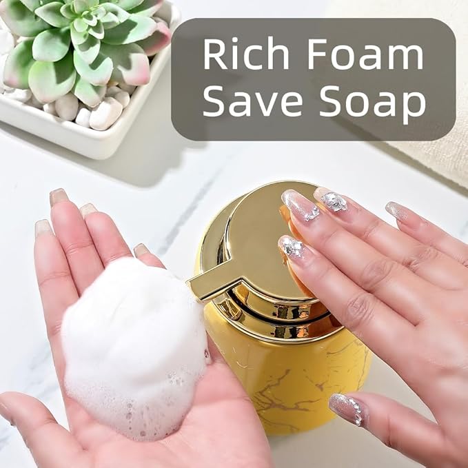 Marble Foam Soap Dispenser for Bathroom, Chic Ceramic Bottle, Gold Soap Dispenser Pump (Yellow)