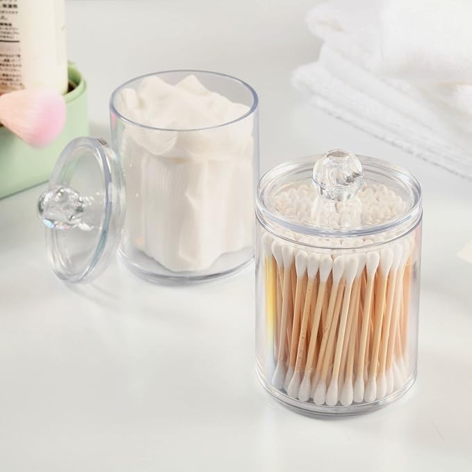 White Qtip Holder Organizer Dispenser Cotton Swabs Cans Plastic Jars with Lid Set 2 Pack Bathroom Storage Canister for Cotton Ball Floss Cotton Pads