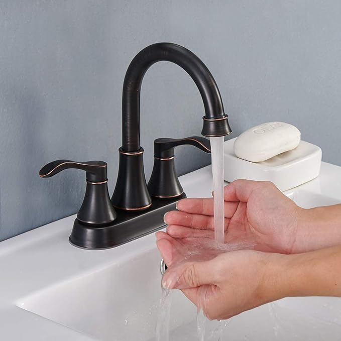 Lead-Free Antique 2 Handle Oil Rubbed Bronze Bathroom Sink Faucet, 360° Swivel High-Arc Spout 4-Inch Centerset Lavatory Vanity Faucets Set with Drain & Water Hoses, VABM10003H