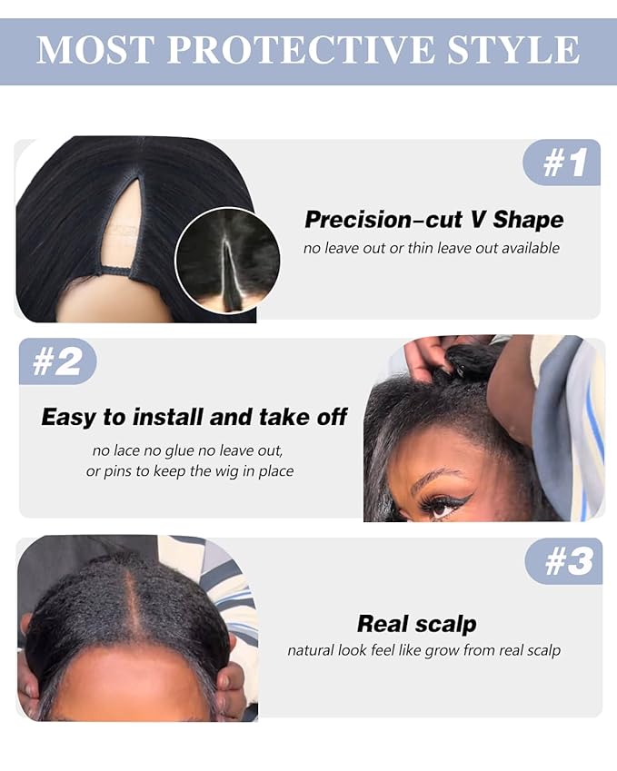 220% Density V Part Wigs Human Hair with Drawstring Yaki Straight Upgrade U Part Human Hair Wigs for Women Glueless Clip in Half Wigs Magic Leave out 260g 16inch #1B Natural Black