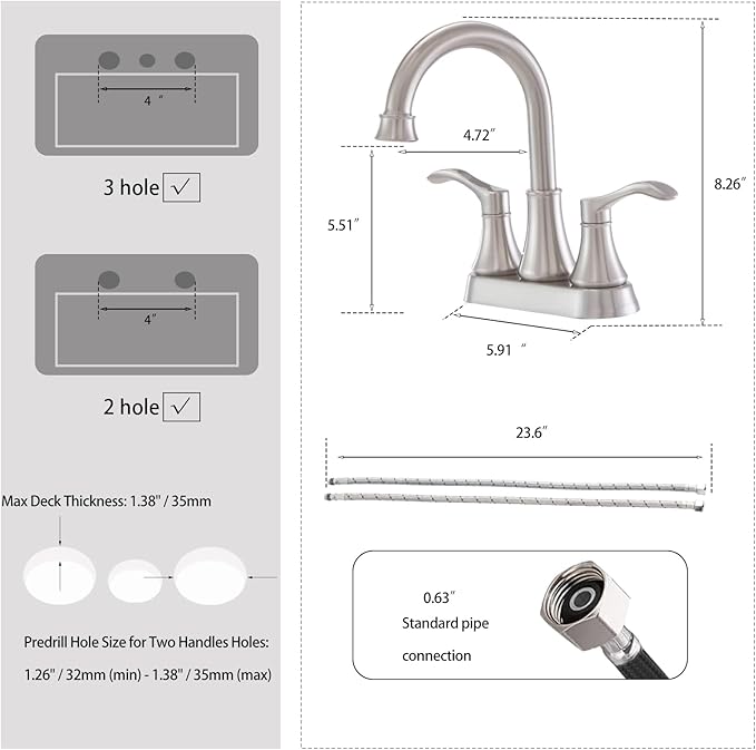 Lead-Free Commercial 2-Handle Brushed Nickel Bathroom Sink Faucet, 360° Swivel High-Arc Spout 4 Inch Centerset Lavatory Vanity Faucets Set for Bathroom Sink with Drain & Water Hoses, VLS10003BML-1