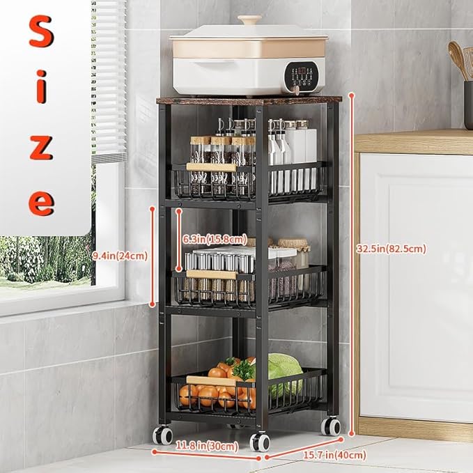 Metal Wire Baskets with Wheels, Stackable Storage Bins Kitchen Organizer Shelf, Multi Layer Fruit Vegetable Cart Dishes Seasonal Rack Freestanding with Pull Out Slide Drawer