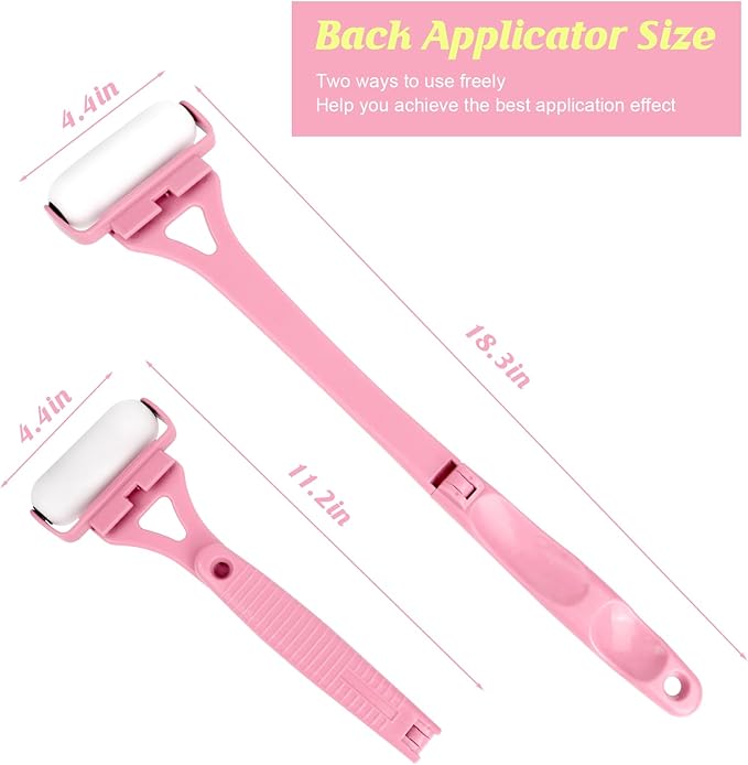 Lotion Applicator for Back, Backs Lotion Applicator for Women and Men with 3 Reusable Washable Foam Rollers, Long Curved Handle Sunscreen Applicator for Back(Pink)