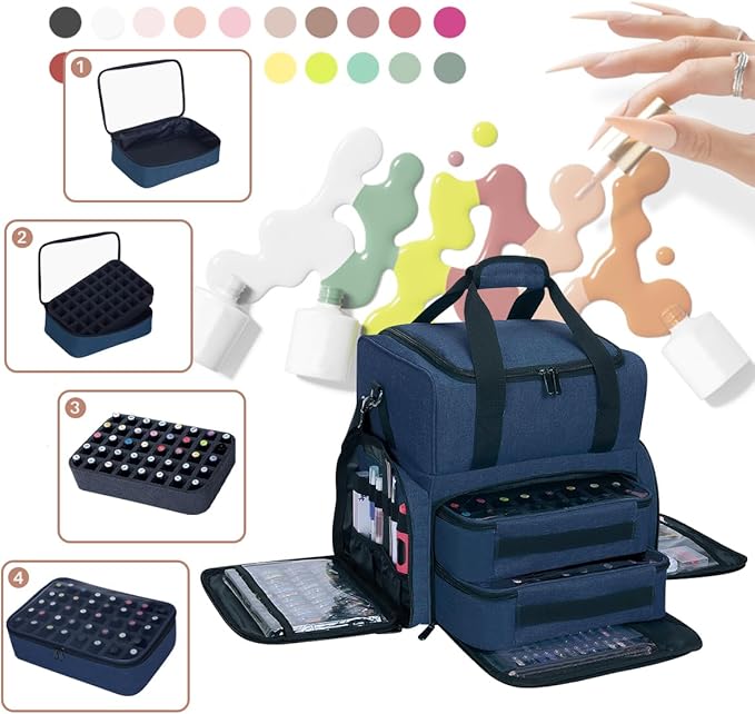 Nail Polish Organizer Case Holds 80 Bottles (15ml - 0.5 fl.oz) and a Nail Lamp,Nail Polish Case with 2 Removable Bags and Tools Storage Sections Blue