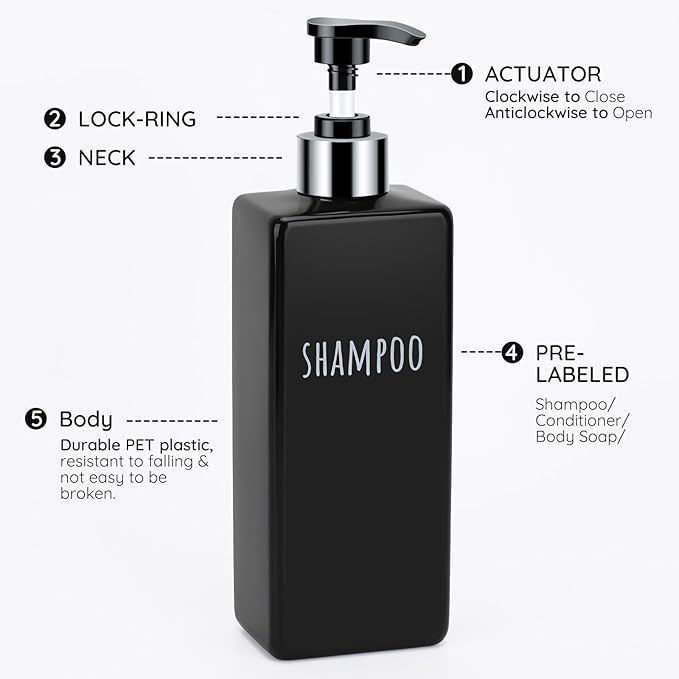 Segbeauty 6pcs Bathroom Soap Dispenser, 16.9oz Reusable Shampoo and Conditioner Bottles, 500ml Empty Plastic Square Black Soap Dispenser, Liquid Soap Dispenser Lotion Dispenser for Bathroom Kitchen