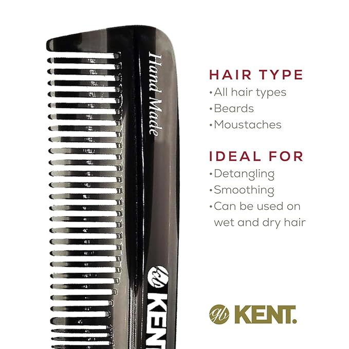 Kent R7T Fine and Wide Tooth Hair Comb, Handmade Pocket Comb for Men, Best Beard and Mustache Comb for Everyday Grooming and Styling, Sawcut, Made in England