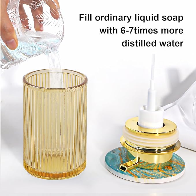 Foaming Soap Dispenser, 12 Oz Amber Glass Foam Hand Soap Dispenser, Refillable Glass Foam Pump Bottle Container Decorative Slim Ribbed Bottle for Bathroom and Kitchen