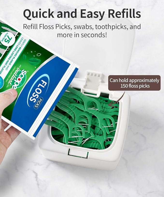 2-Pack Floss Pick Holder and Qtip Holder with One-Touch Opening, Quick Refill for Floss Picks, Cotton Swabs, Balls, Pads - Bathroom Organizers and Storage, Vanity Makeup Storage Organizer