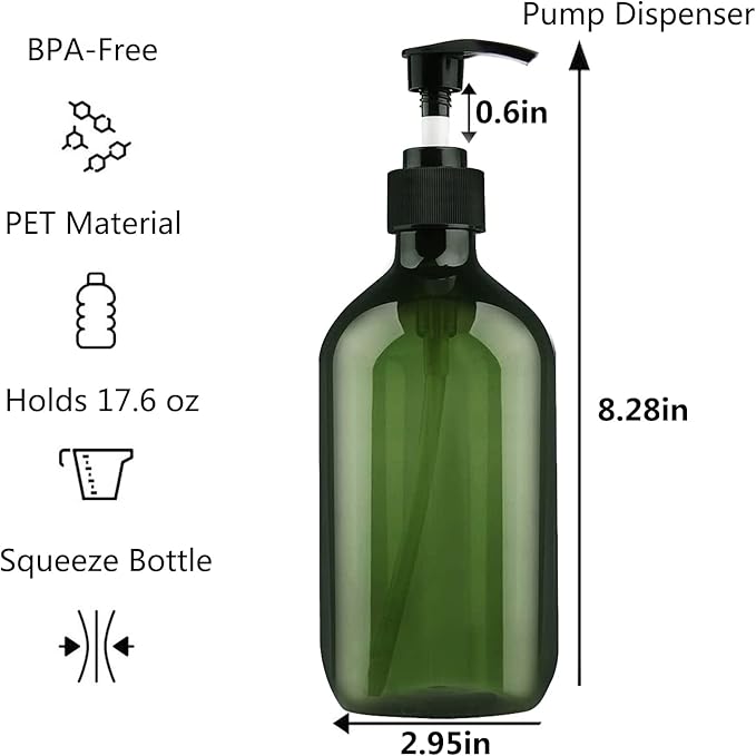 Empty Plastic Bottles with Pump Dispenser and Labels Included, Refillable Travel Containers for Hand sanitizer Shampoo Lotion, etc - No BPA/Parabenf, 500ml/16.9oz (Green, 6 Pack)