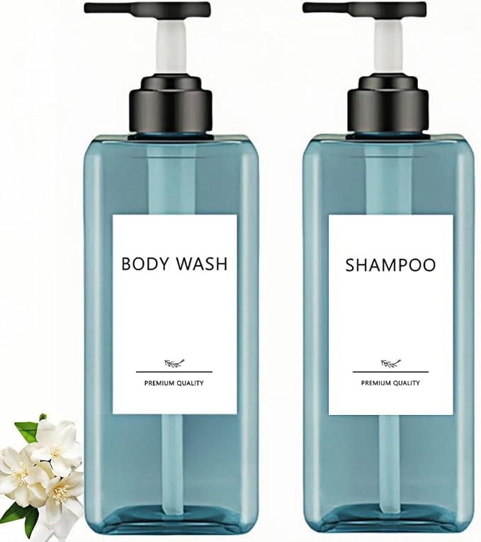 Shampoo and Conditioner Dispensers 25OZ Refillable Large Shower Bottles 2Pack Hand Soap Dish Soap Dispenser with Waterproof Labels Square Pump Bottle for Bathroom and Kitchen- Blue, 750ml