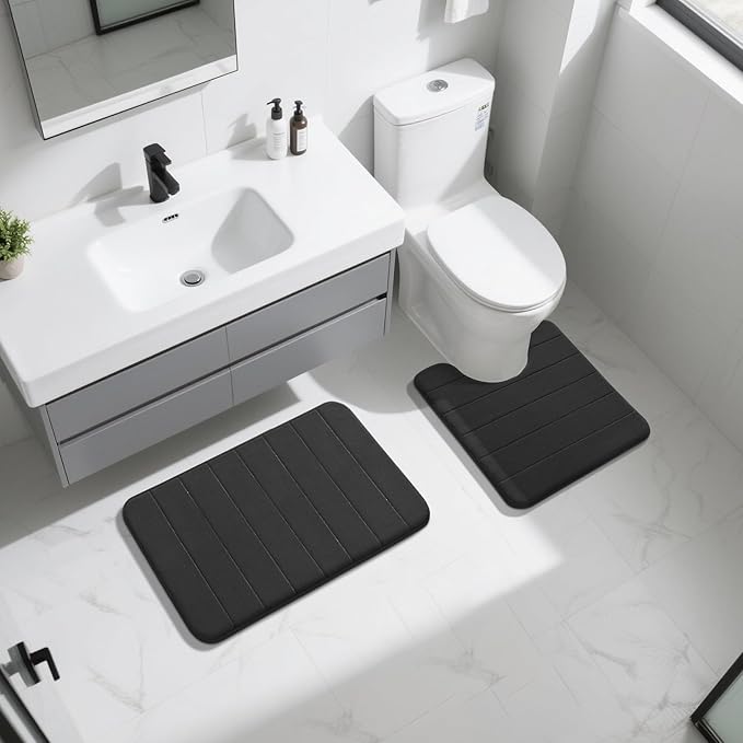 Yimobra Memory Foam Bath Mat Set 2 Piece - Super Soft Absorbent Quick Dry Bathroom Toilet Rugs, Machine Washable Non Slip Floor Carpet for Tub Shower & Single Sink (31.5x20 & 24x20, Black)