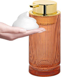 Foaming Soap Dispenser, Glass Foam Hand Soap Dispenser with Pump, 14 Oz Bathroom Refillable Liquid Lotion Pump Ribbed Bottle Container for Kitchen Countertop Decor (1, Brown Gold)