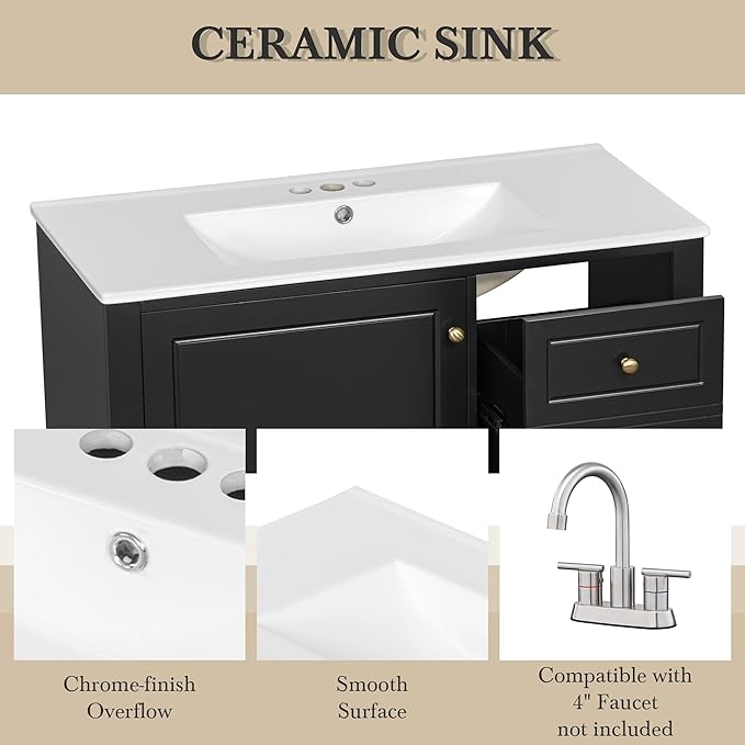 36" Bathroom Vanity with Sink, Harper & Bright Designs Free Standing Single Vanity Set with 3 Drawers and One Door with Storage Racks, Solid Wood Storage Cabinet with Ceramic Basin for Bathroom, Black