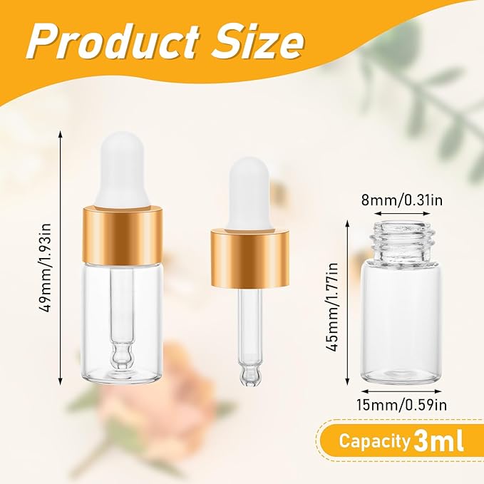 100 Pack Mini Dropper Bottle for Cuticle Oil, 3ml Small Sample Essential Oil Dropper Bottles for Travel, Clear Empty Vails for Cosmetic Perfume
