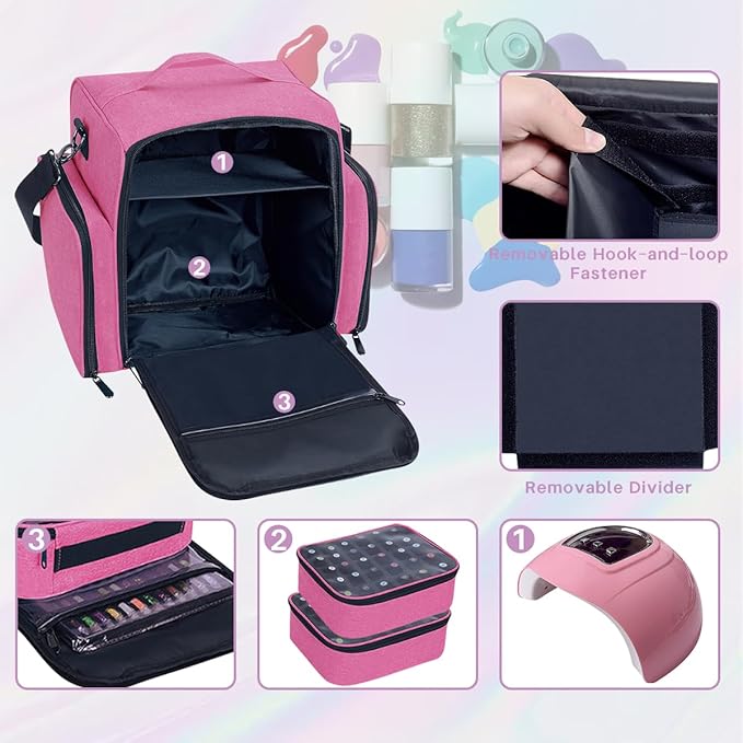 Nail Polish Organizer Holds 60 Bottles and a Nail Lamp,Portable Travel Case with 2 Removable Bags and Tools Storage Pockets Rose Red