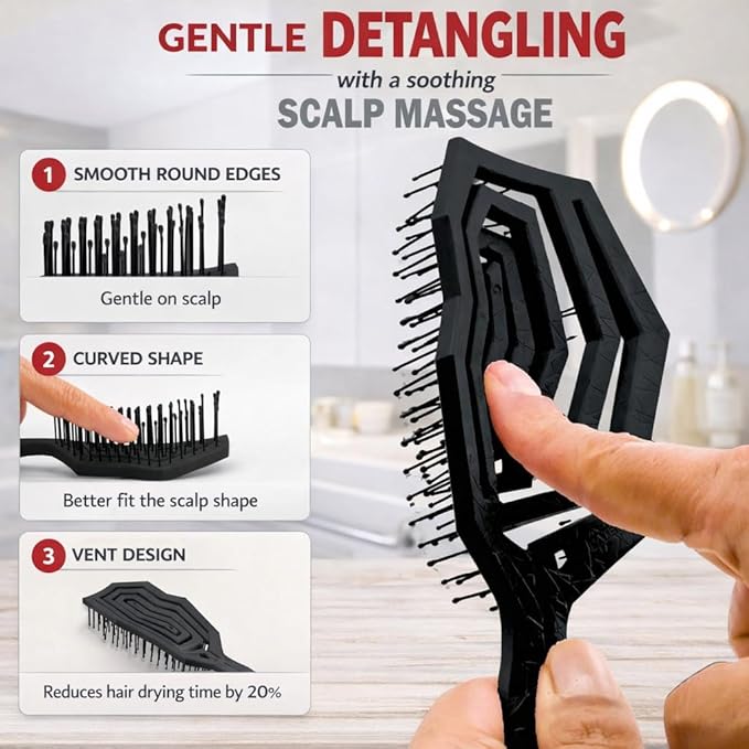 Fiora Naturals Hair Detangling Brush for Women - Detangler Hair Brush w/Flexible Soft Bristles- Gently Glides Through Tangles - Curly, Fine, Dry and Shower Wet HairBrush, cepillo para cabello - Black