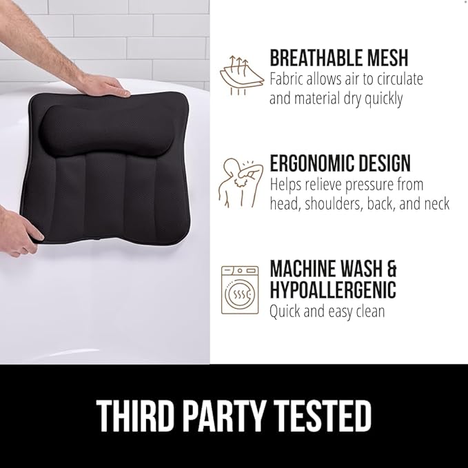 GORILLA GRIP Bath Pillow for Tub, Strong Suction Cups, Headrest with Mesh FlexComfort Technology, Neck, Head and Back Support, Luxury Machine Wash Bathtub Pillows, Spa Essential Accessories, Black