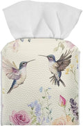 Bird Flowers Minimalist Tissue Box Holder, Square PU Leather Napkin Organizer with Secure Metal Button, Waterproof and Stain-Resistant Tissue Cover for Home, Kitchen, and Automotive Use