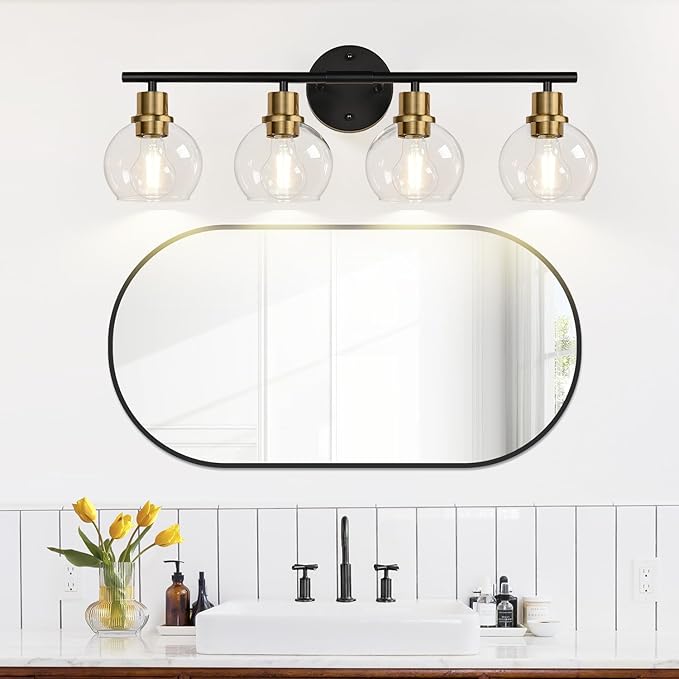 4-Light Bathroom Light Fixtures, Black and Gold Bathroom Lights Over Mirror with Clear Glass Globe Shade, Vanity Lights for Bathroom Kitchen Living Room Hallway Cabinet Bedroom Porch