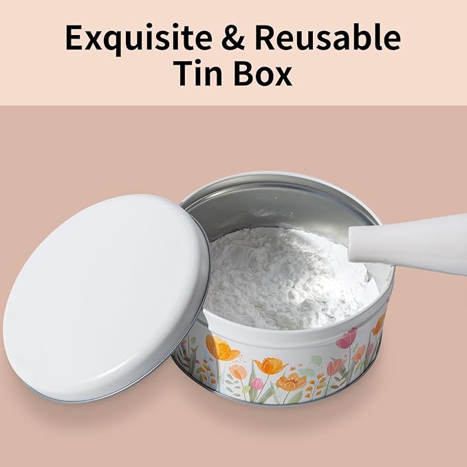 Large Body Powder Puff and Container Tin, 5.5” x 2.8” Powder Puff for Body Powder, Dusting Powder - Soft Powder Applicator Puff for Women, Reusable Empty Powder Container with Puff (White Puff & Case)
