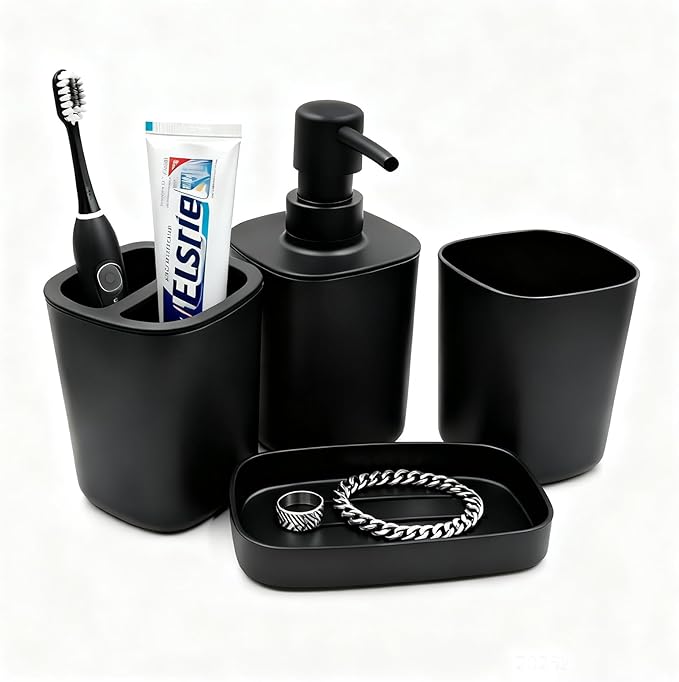 Matte Black Bathroom Accessory Set, 4-Piece Plastic Bathroom Accessory Set, Toothbrush Holder, Toothbrush Cup, Soap Dispenser, and Soap Dish, Suitable for Modern Home Bathroom Decoration