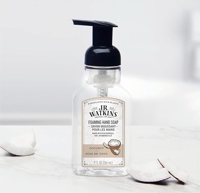 J.R. Watkins Foaming Hand Soap Pump with Dispenser, Moisturizing Hand Soap Foam, Alcohol-Free and Cruelty-Free, Use for Kitchen or Bathroom, Noix De Coco/Coconut, 9 fl oz, 3 Pack