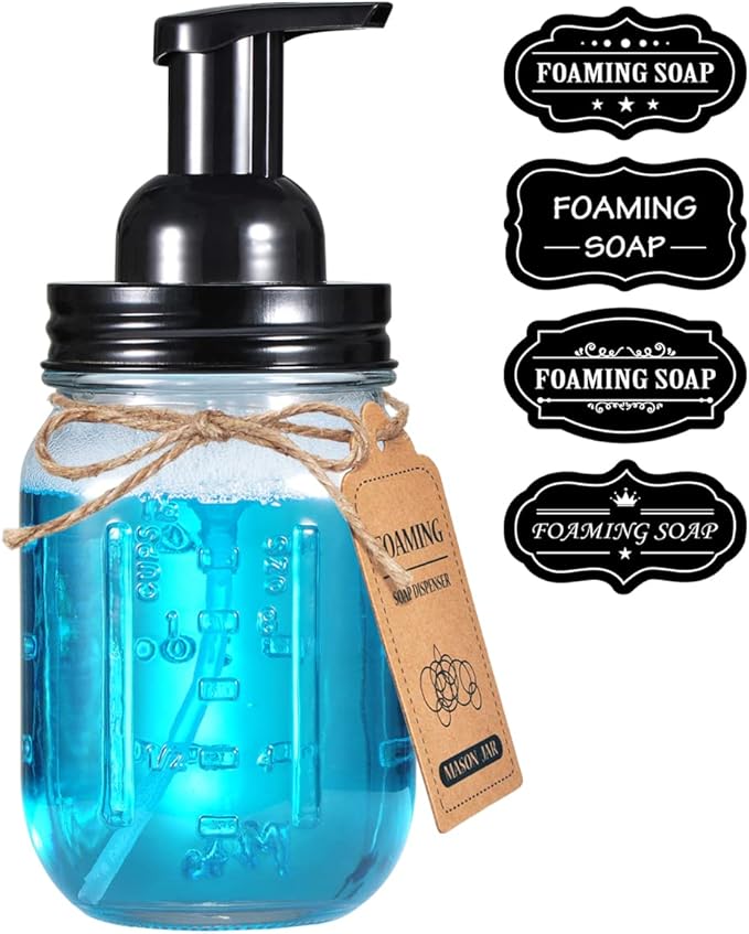 Amolliar Mason Jar Foaming Soap Dispenser, Rustproof Stainless Steel Lid,BPA Free Pump, Waterproof Labels, Rustic Farmhouse Decor, Refill Hand Soap Dispenser for Bathroom, Vanity, Kitchen, Countertop