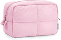 Narwey Pink Makeup Bag for Travel Women Girl, Quilted Cosmetic Bag Make up Organizer Bags with Compartments, Puffy Travel Toiletry Bag Toiletries (Pink)