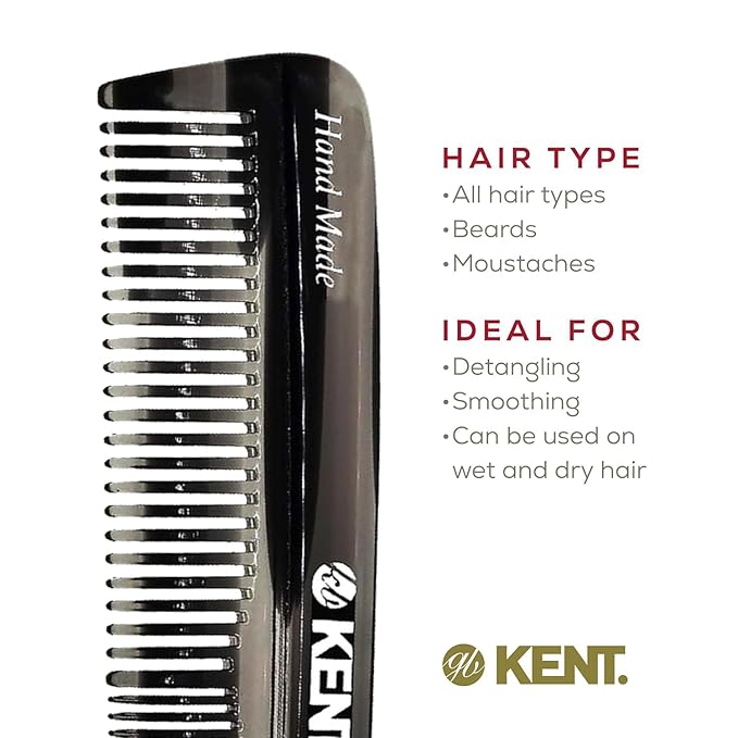 Kent R7T Fine and Wide Tooth Hair Comb, Handmade Pocket Comb for Men, Best Beard Comb and Mustache for Everyday Grooming and Styling, Sawcut Made in England