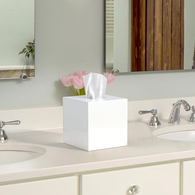 Tissue Box Cover Square, Modern Acrylic Tissues Holder, Facial Tissue Holder, Modern Tissue Dispenser for Bathroom Vanity Bedroom Office, Shiny White