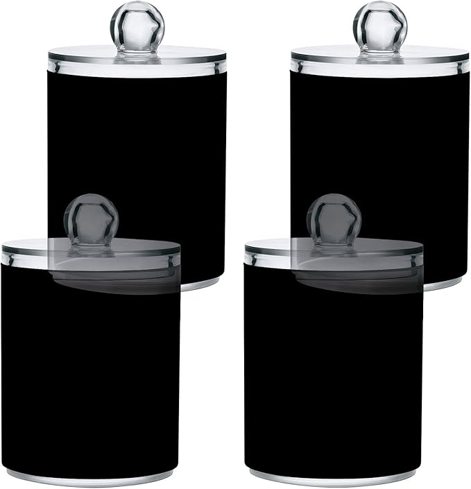 Black Qtip Holder Organizer Dispenser Cotton Swabs Cans Plastic Jars with Lid Set 4 Pack Bathroom Storage Canister for Cotton Ball Floss Cotton Pads