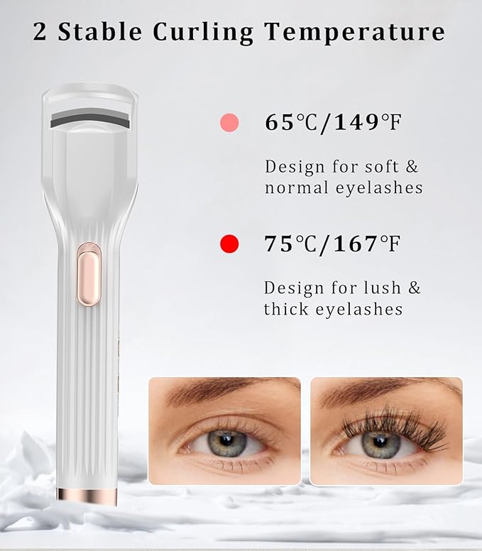 Heated Eyelash Curler Premium PRO - Fast Heat up in 8s - 24 Hours Long Lasting - Rechargeable Electric Eyelash Curler with Type-C, Innovative L Silicone, 2 Heat Modes, Anti-Burn Eyelid, White-GA