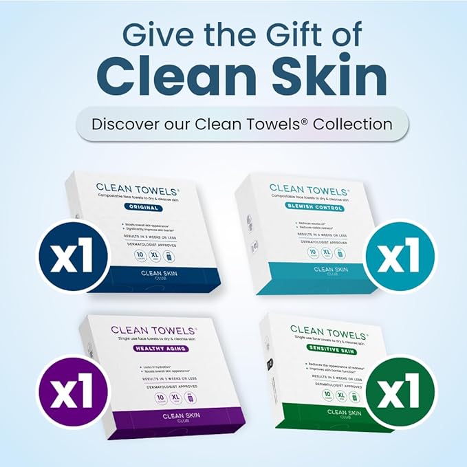 Clean Skin Club Clean Towels® XL Variety 4-Pack Travel Set, Disposable Face Towels, Includes Original, Sensitive, Blemish Control & Healthy Aging, 40 Count Total, 10 Each