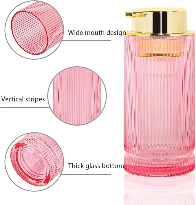 Foaming Soap Dispenser, Pink Glass Foam Hand Soap Dispenser with Gold Pump, 14 Oz Bathroom Refillable Liquid Lotion Pump Ribbed Bottle Container for Kitchen Countertop Decor, 1