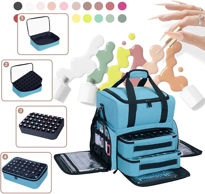 Nail Polish Organizer Case Holds 80 Bottles (15ml - 0.5 fl.oz) and a Nail Lamp,Nail Polish Case with 2 Removable Bags and Tools Storage Sections Lake Green
