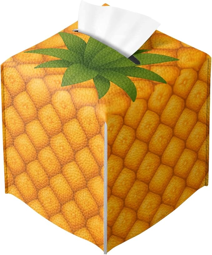 Funny Fruit Tissue Box Cover Summer Cute Yellow Pineapple Leather Tissue Box Holder Square Facial Paper Organizer Dispenser for Car Bathroom Bedroom Office Tabletop Decor