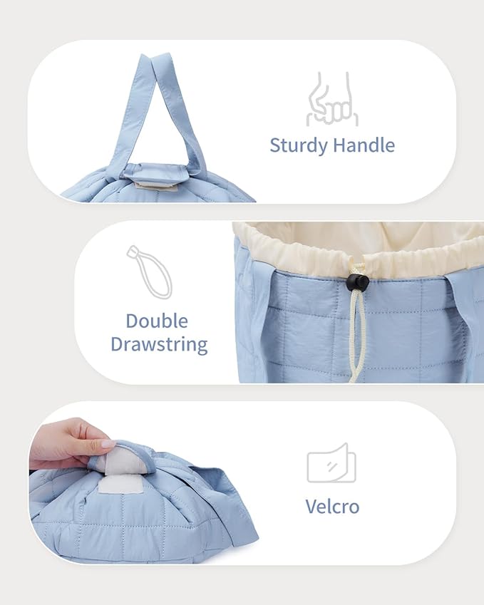 Narwey Lay Flat Open Drawstring Makeup Bag, Large Quilted Cosmetic Bag for Women Girls, Cute Make up Bags with Handle, Portable Travel Toiletry Bag for Skincare, Brushes & Travel Essentials (Blue)