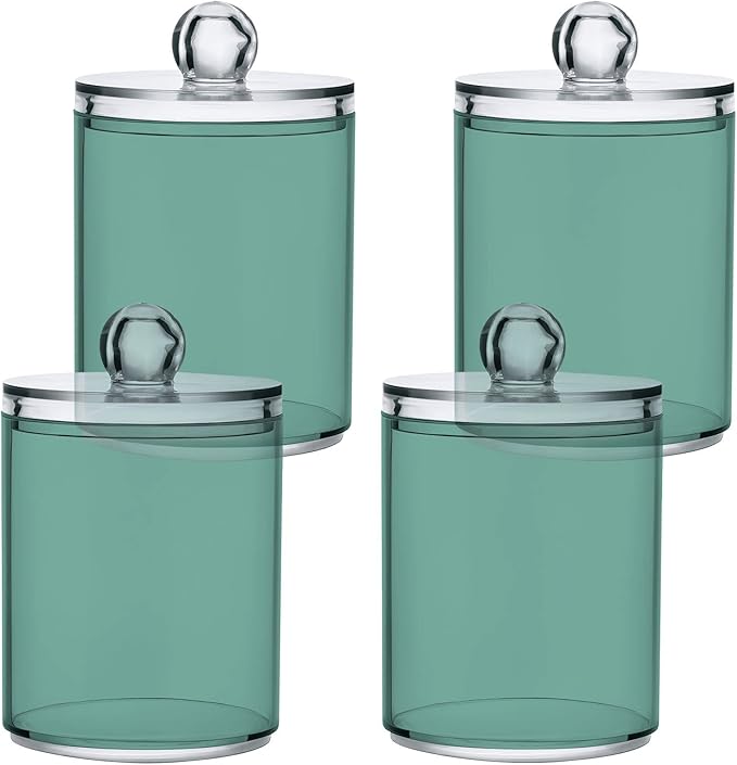 Teal Green Retro Qtip Holder Organizer Dispenser Cotton Swabs Cans Plastic Jars with Lid Set 2 Pack Bathroom Storage Canister for Cotton Ball Floss Cotton Pads