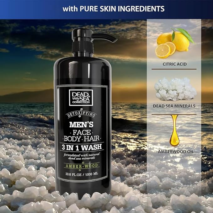 Dead Sea Collection Amber Wood Men’s Body Wash – 3 in 1 Body Wash for Men for Hair, Face & Body – Moisturizing Shower Gel with Dead Sea Minerals – Pack of 2 (33.8 fl oz each)