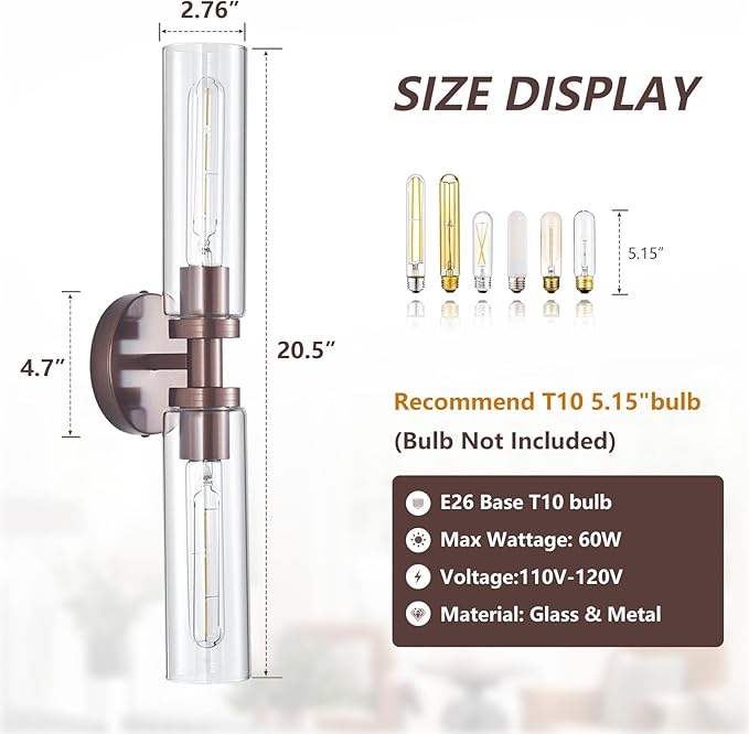 2 Light Bronze Bathroom Light Fixtures Over Mirror, Modern Farmhouse Bathroom Sconce with Clear Glass Shade, Wall Sconce for Bathroom Hallway Cabinet Bedroom Kitchen Living Room Foyer
