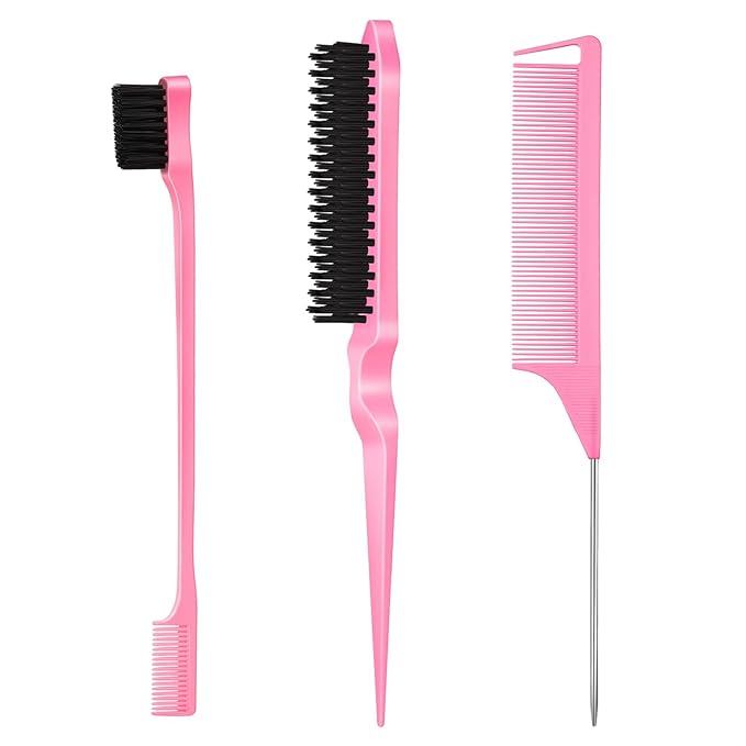 3 Pcs Slick Back Hair Brush, Rat Tail Comb, Edge | Bristle Brush, Hair Accessories for Girls, Kids, Toddlers Sleek Ponytail/Bun, Edge Control and Smoothing Baby Hair & Flyaways