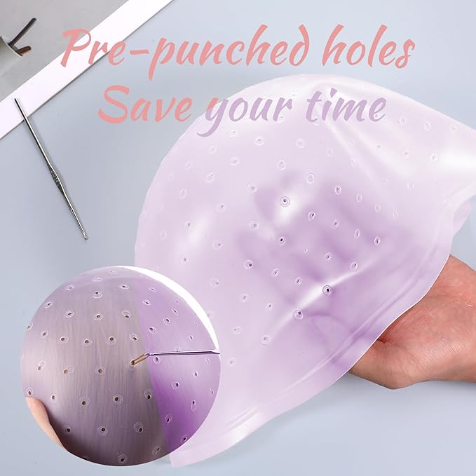 Punched Silicone Highlight Hair Cap with Needle, Professional Reusable Highlighting Poked Hole Caps with Hooks for Color Hair Salon Hairdressing Dyeing Staining Tools for Women Men